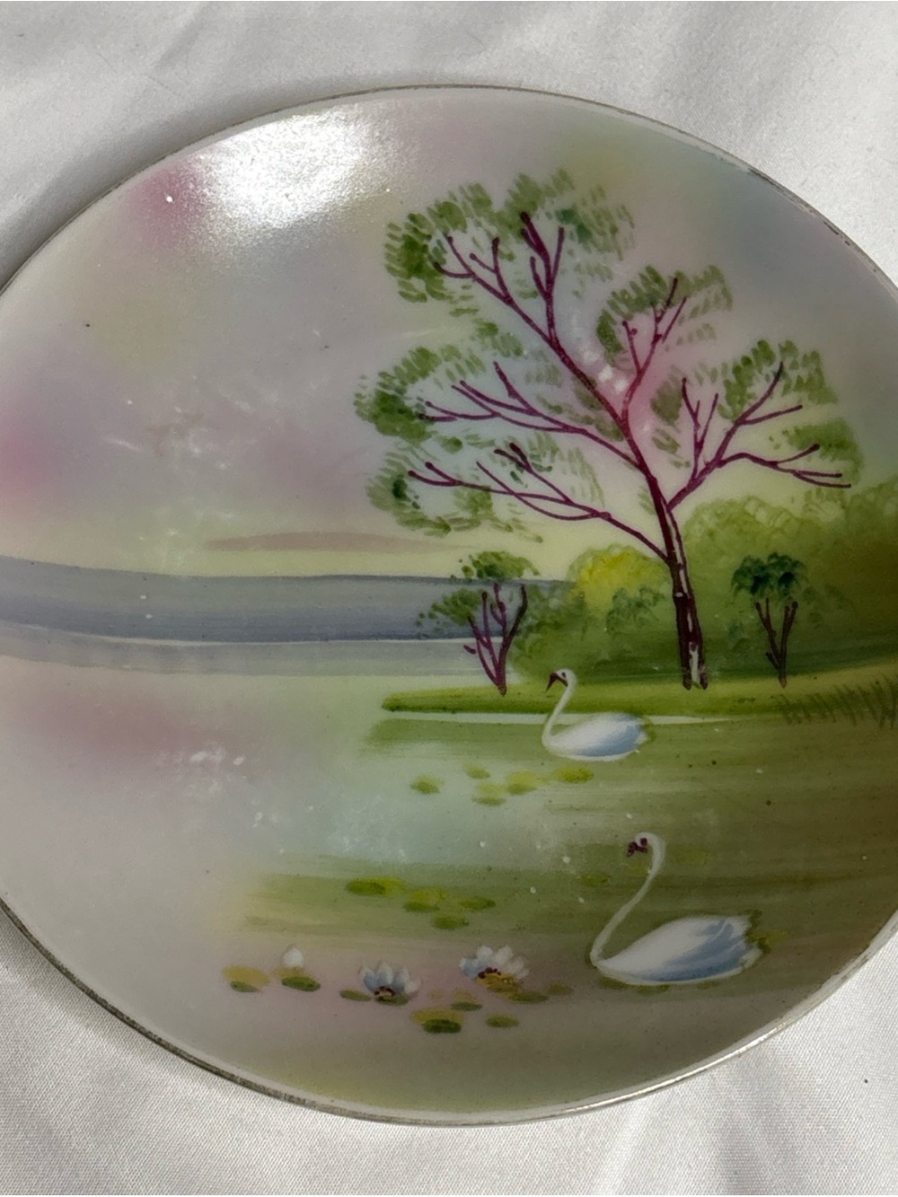 Nippon Hand-Painted Swan Lake Decorative Plate - Green & Pink